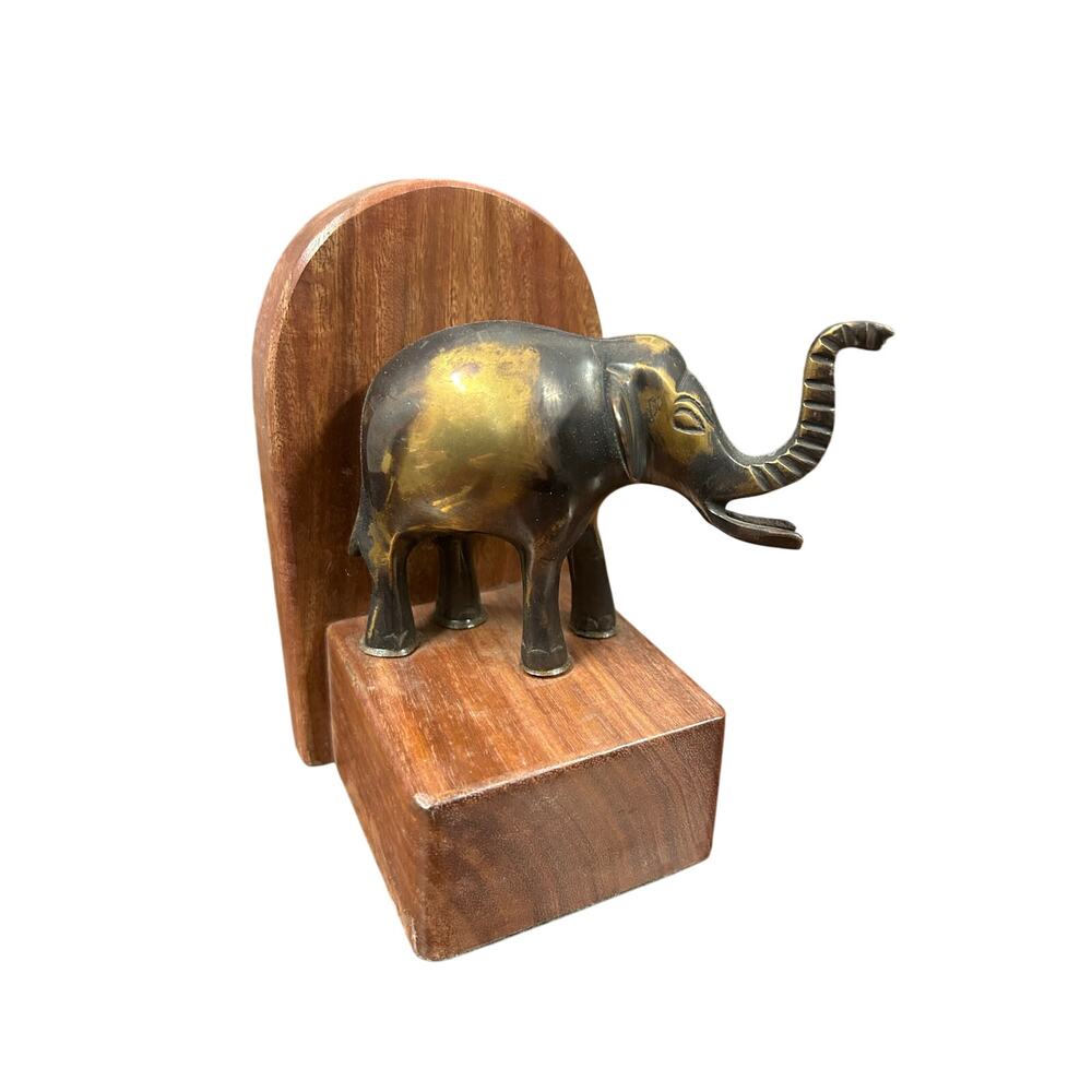 Vintage Single Brass Elephant Bookend Wood Base Trunks Up Made in India